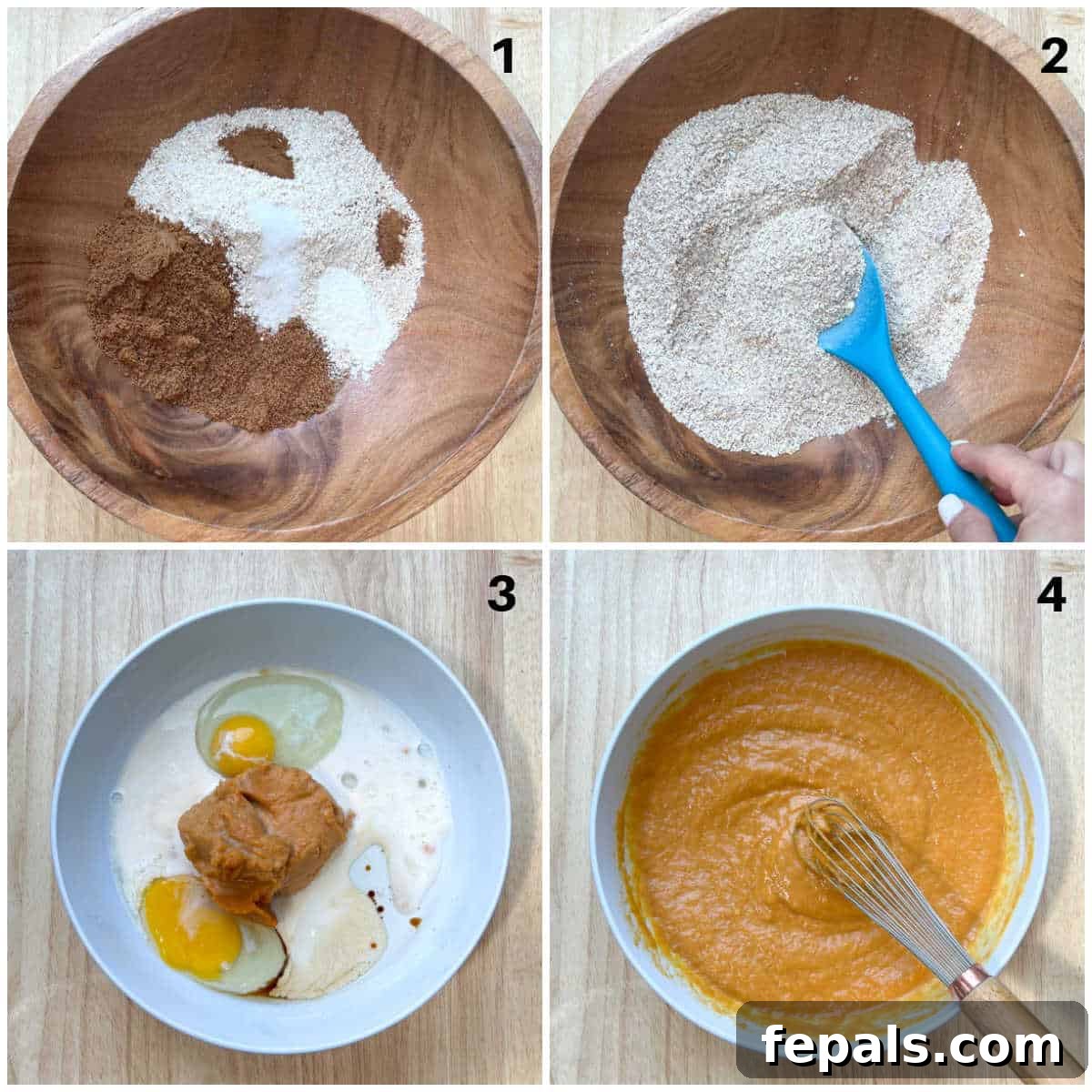 A four-panel process collage showing dry ingredients, mixed dry ingredients, wet ingredients, and mixed wet ingredients for pumpkin muffins.