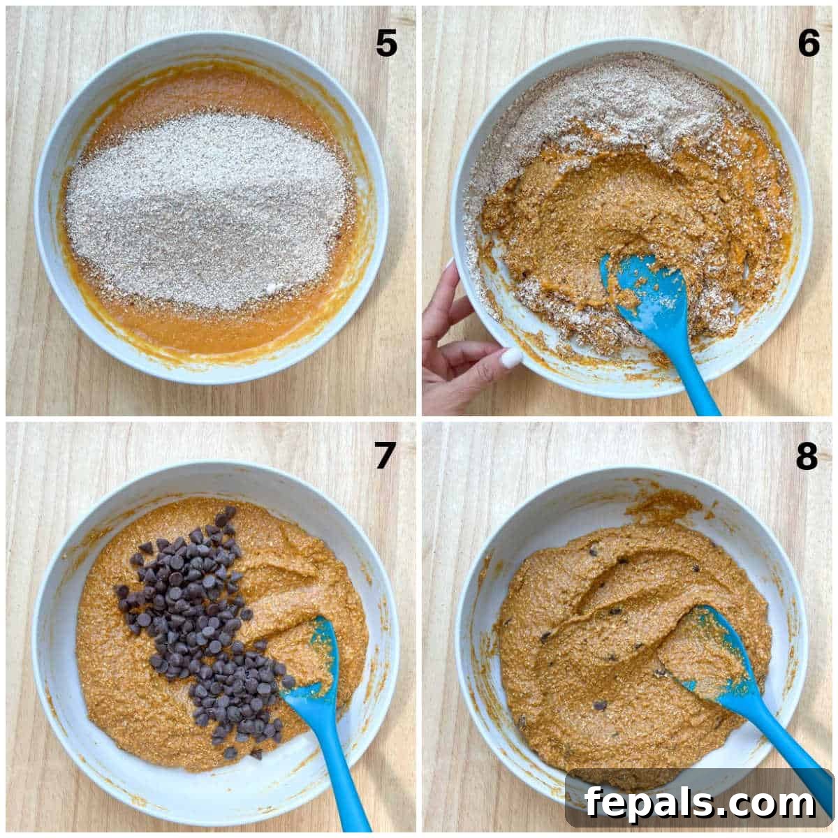 Two process shots showing the combining of wet and dry ingredients to make pumpkin muffins, emphasizing a smooth mixture.