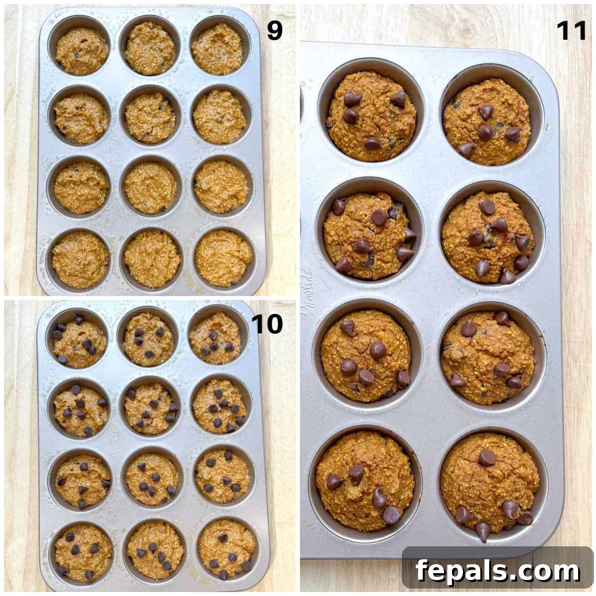 A collage showing muffin batter being scooped into a muffin tin, followed by a picture of beautifully baked chocolate chip pumpkin muffins.