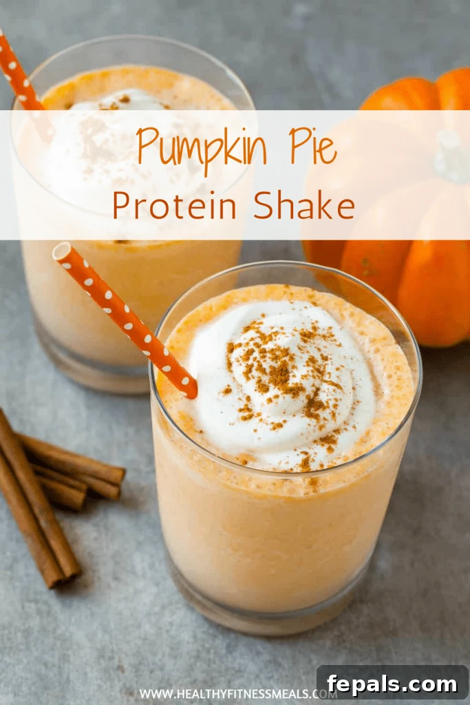 Pumpkin Spice Protein Power Smoothie 4 Pinterest graphic featuring a glass of Pumpkin Pie Protein Shake with autumn leaves.