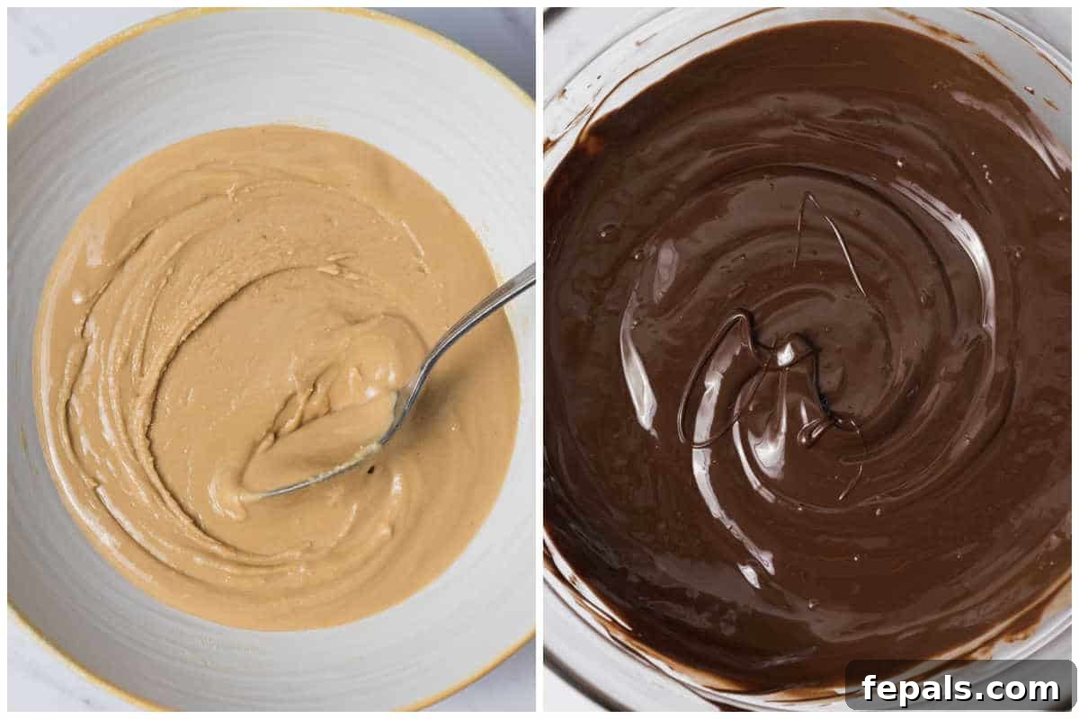 Process shot showing the creamy peanut butter filling being mixed and chocolate melting in a bowl, crucial steps for making delicious protein peanut butter cups.