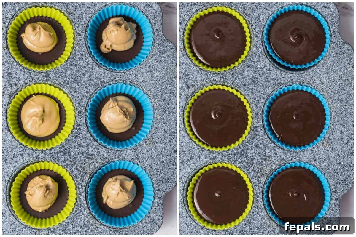 Process shot illustrating how to neatly add the protein-infused peanut butter filling over the initial chocolate layer, followed by topping with more melted chocolate.