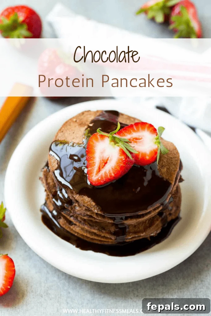 A vibrant and appetizing graphic showcasing chocolate protein pancakes, optimized for sharing on Pinterest.