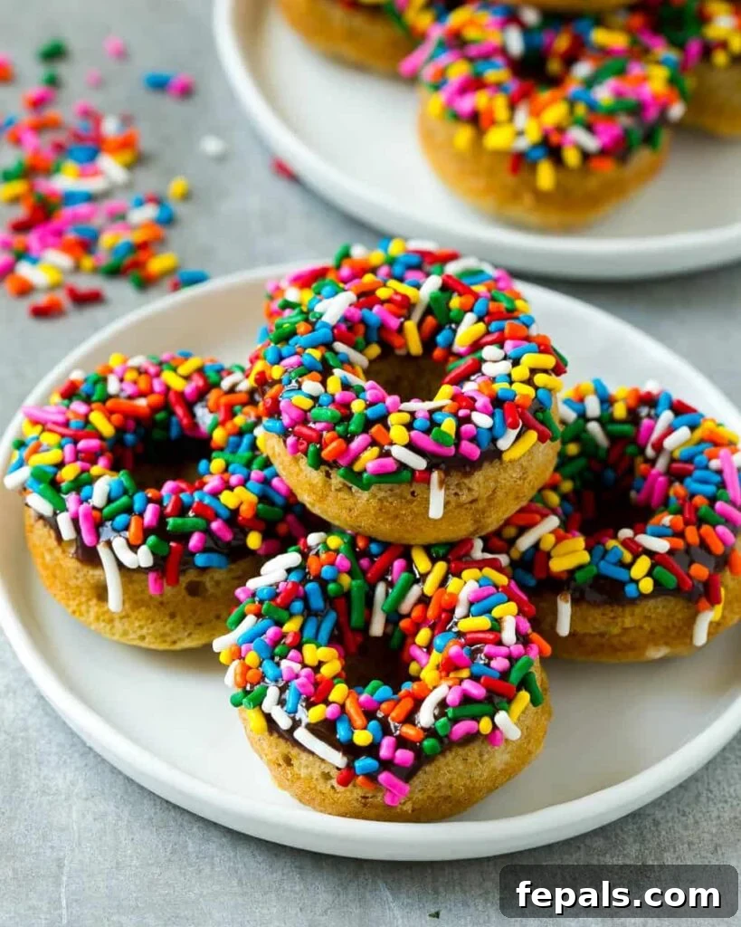 Nourishing Banana Protein Donuts 2 Protein mini donuts topped with chocolate ganache and sprinkles on a white plate, showcasing their inviting appearance.
