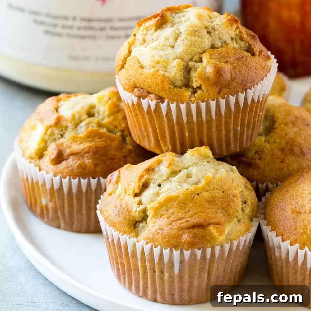 Power Apple Cinnamon Muffins 4 A stack of golden-brown apple muffins on a round white plate, with a tub of protein powder in the background, emphasizing their healthy, protein-rich nature.