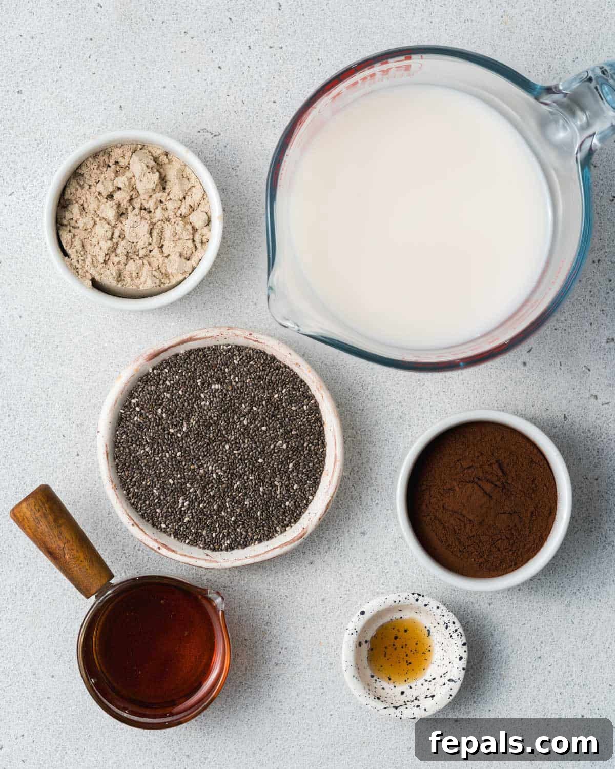 Decadent Chocolate Protein Chia Bliss 4 ingredients to make chia pudding: milk, bowl of cocoa powder, maple syrup, chia seeds, vanilla, protein powder.