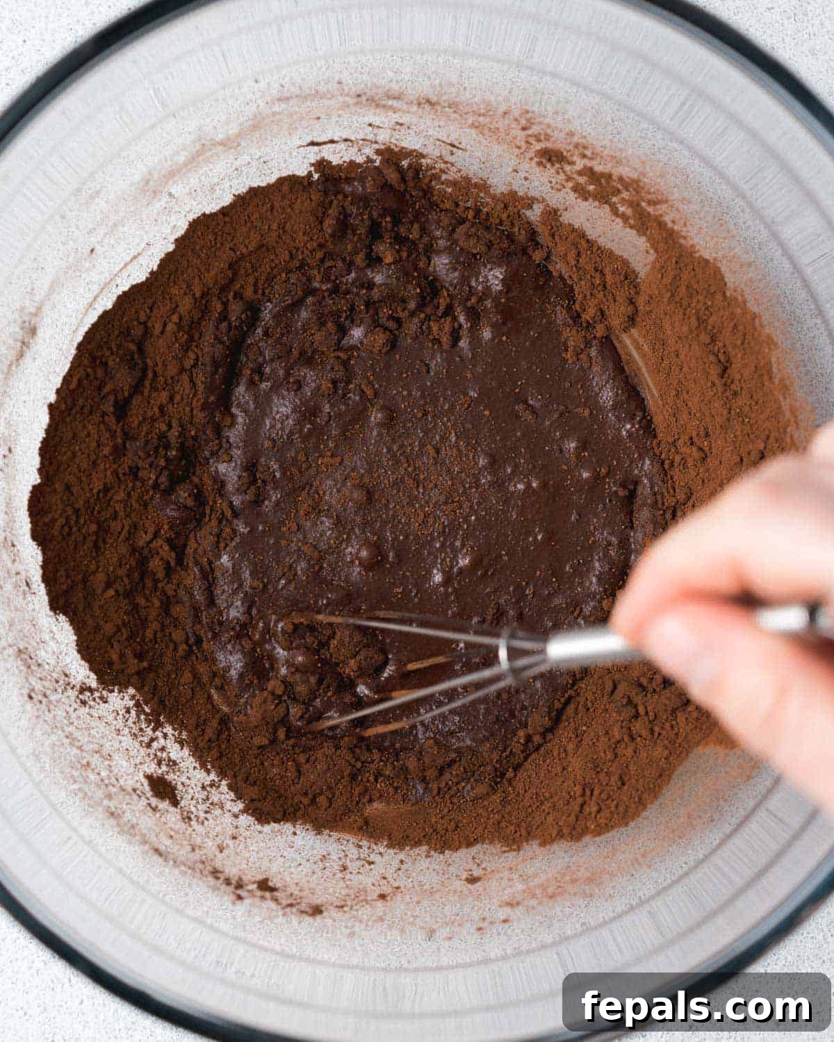 Decadent Chocolate Protein Chia Bliss 5 hand holding whisk and mixing cocoa powder and milk to form a paste.