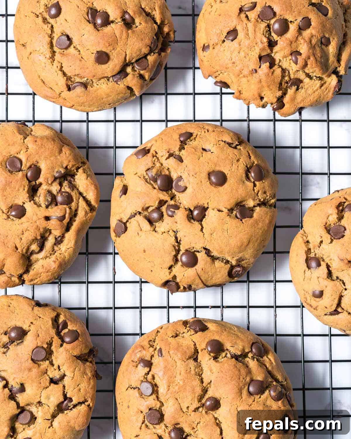 Power-Packed Protein Chocolate Cookies 12 Baked peanut butter protein chocolate chip cookies cooling on a wire rack.