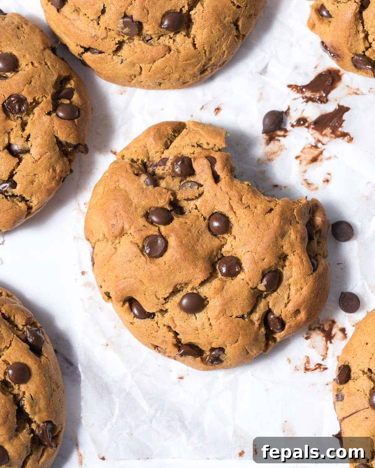 Power-Packed Protein Chocolate Cookies 13 A delicious protein chocolate chip cookie with a bite taken out, showing its soft interior.