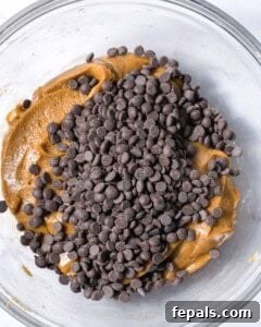 Power-Packed Protein Chocolate Cookies 19 Chocolate chips added over cookie dough in a bowl.