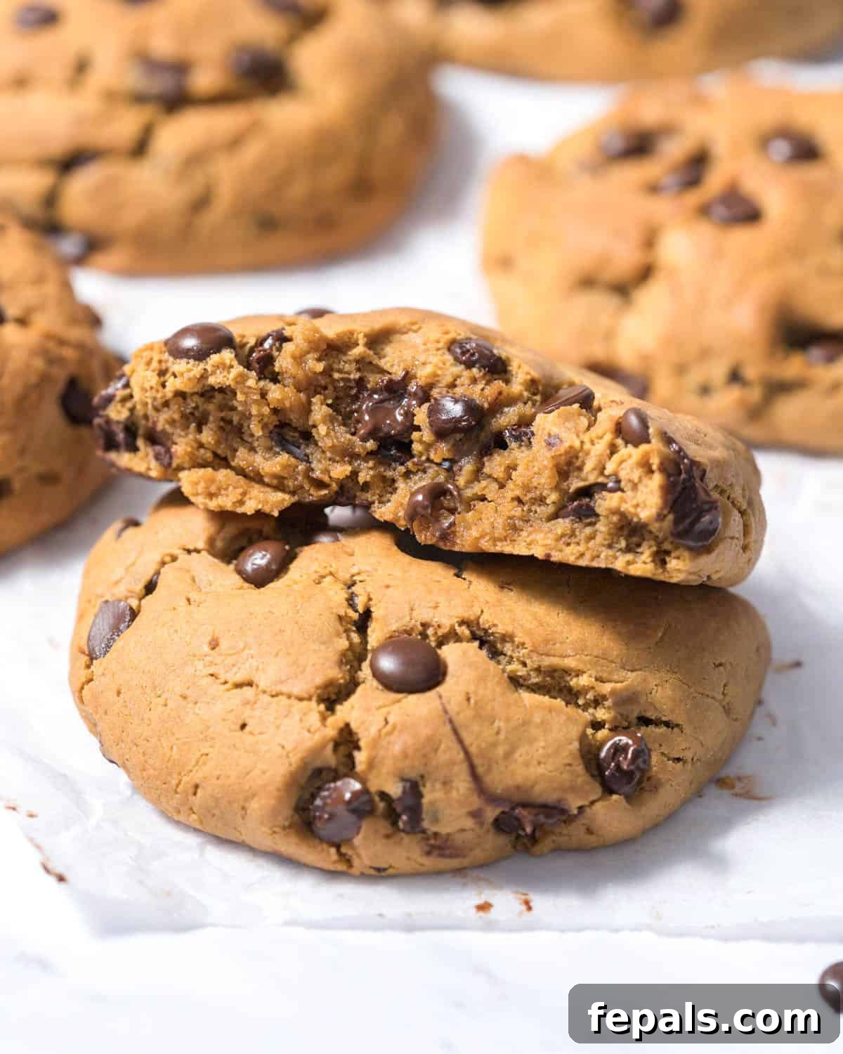 Power-Packed Protein Chocolate Cookies 3 Two peanut butter protein cookies stacked, one with a bite taken out.