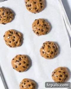 Power-Packed Protein Chocolate Cookies 20 Cookie dough balls in a sheet pan with parchment paper before baking.