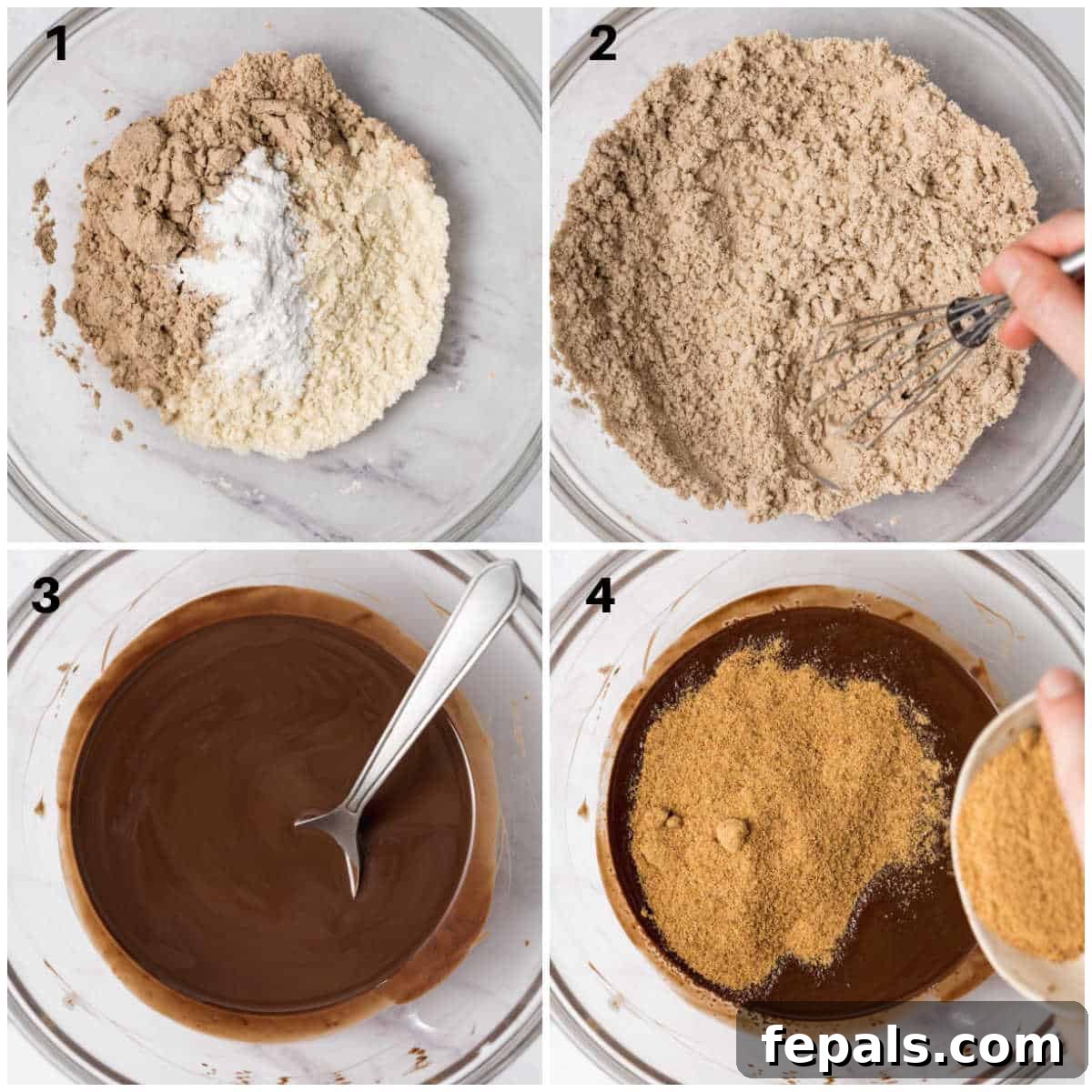 A bowl containing dry ingredients like almond flour, protein powder, and baking powder, mixed together and ready for the wet ingredients.