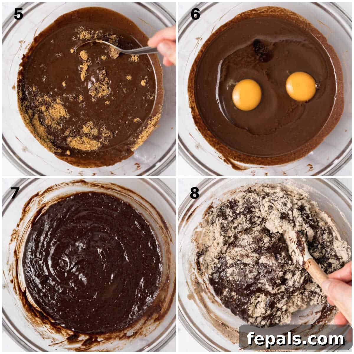A close-up shot of rich chocolate brownie batter in a mixing bowl, showing its thick and glossy texture before baking.