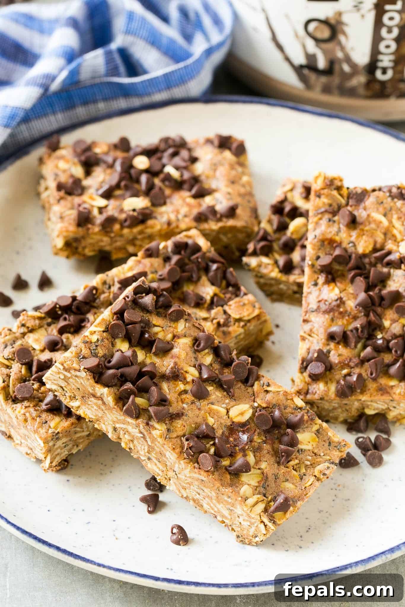 Delicious double chocolate protein bars arranged neatly on a plate, top-down view.