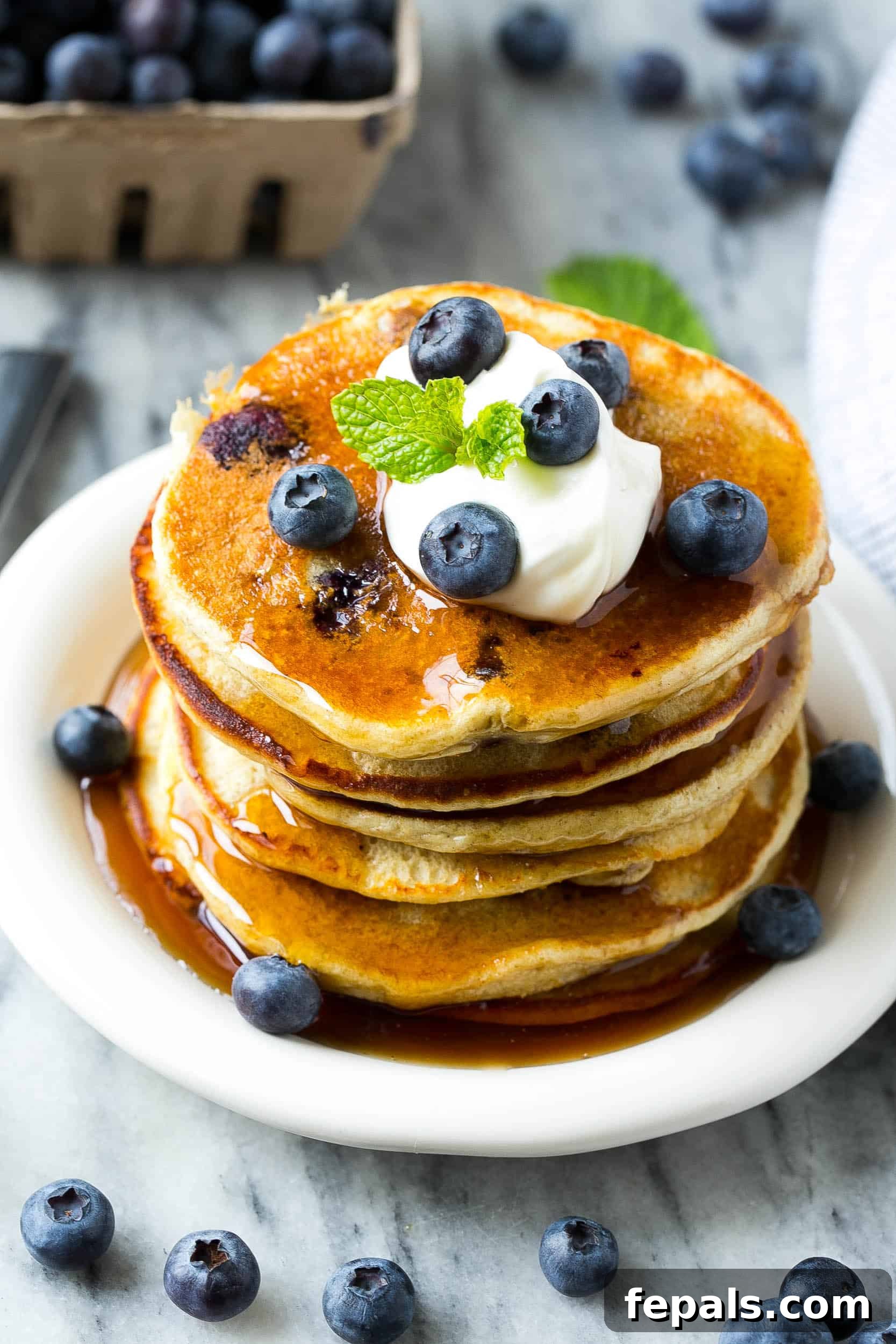 Fluffy Blueberry Protein Pancakes made with Greek yogurt and oats, a perfect healthy breakfast