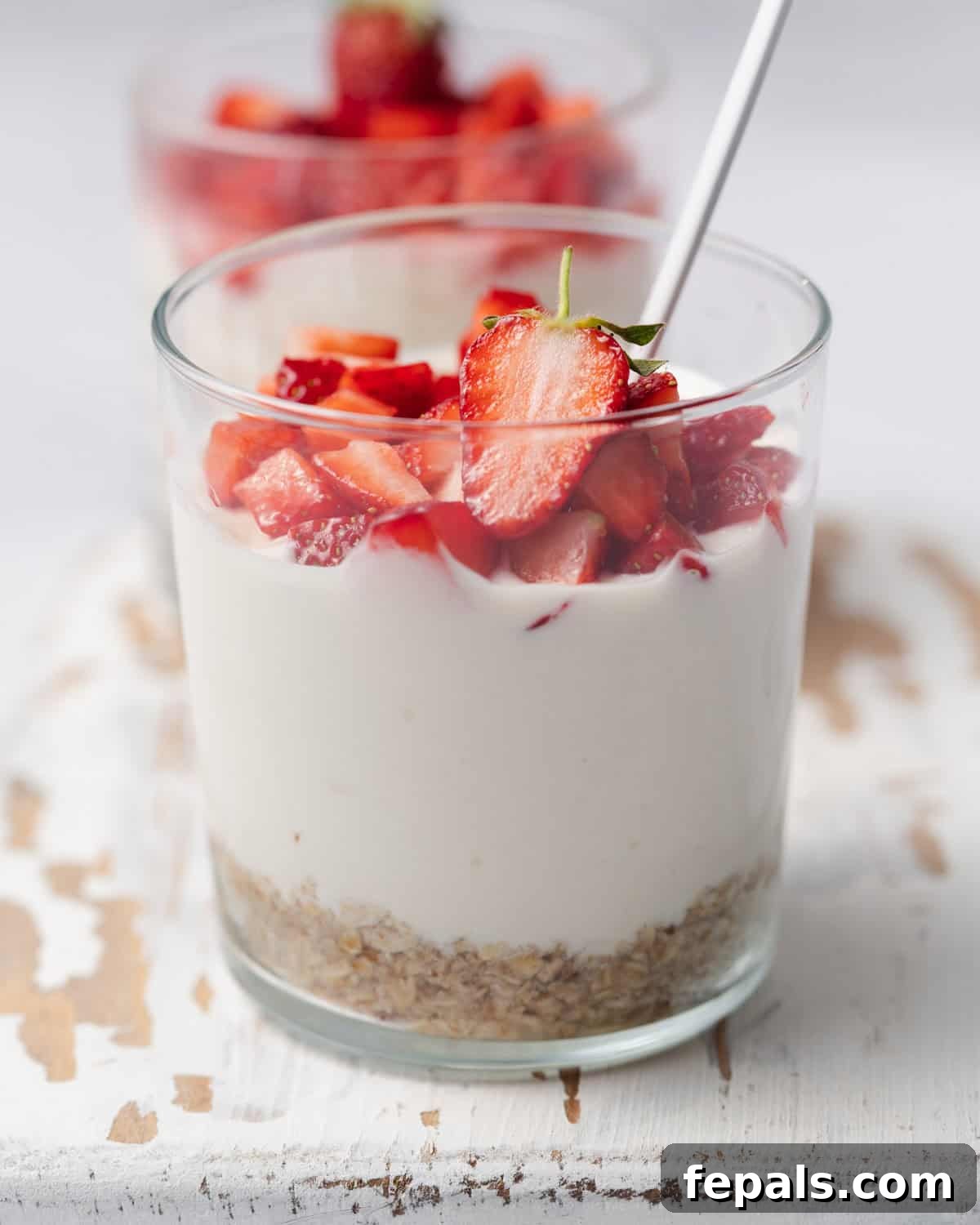 A clear cup featuring layers of no-bake cheesecake: a crunchy oat base, a creamy cheesecake filling, and a generous topping of fresh strawberries.