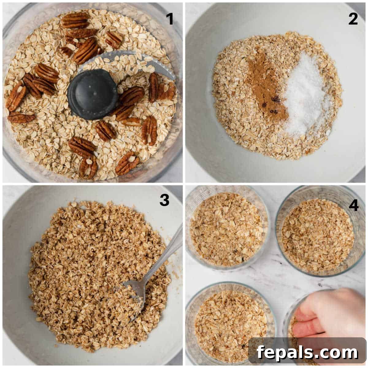 A process shot demonstrating the preparation of the cheesecake base for protein cheesecake in individual cups, with oats and pecans being processed.