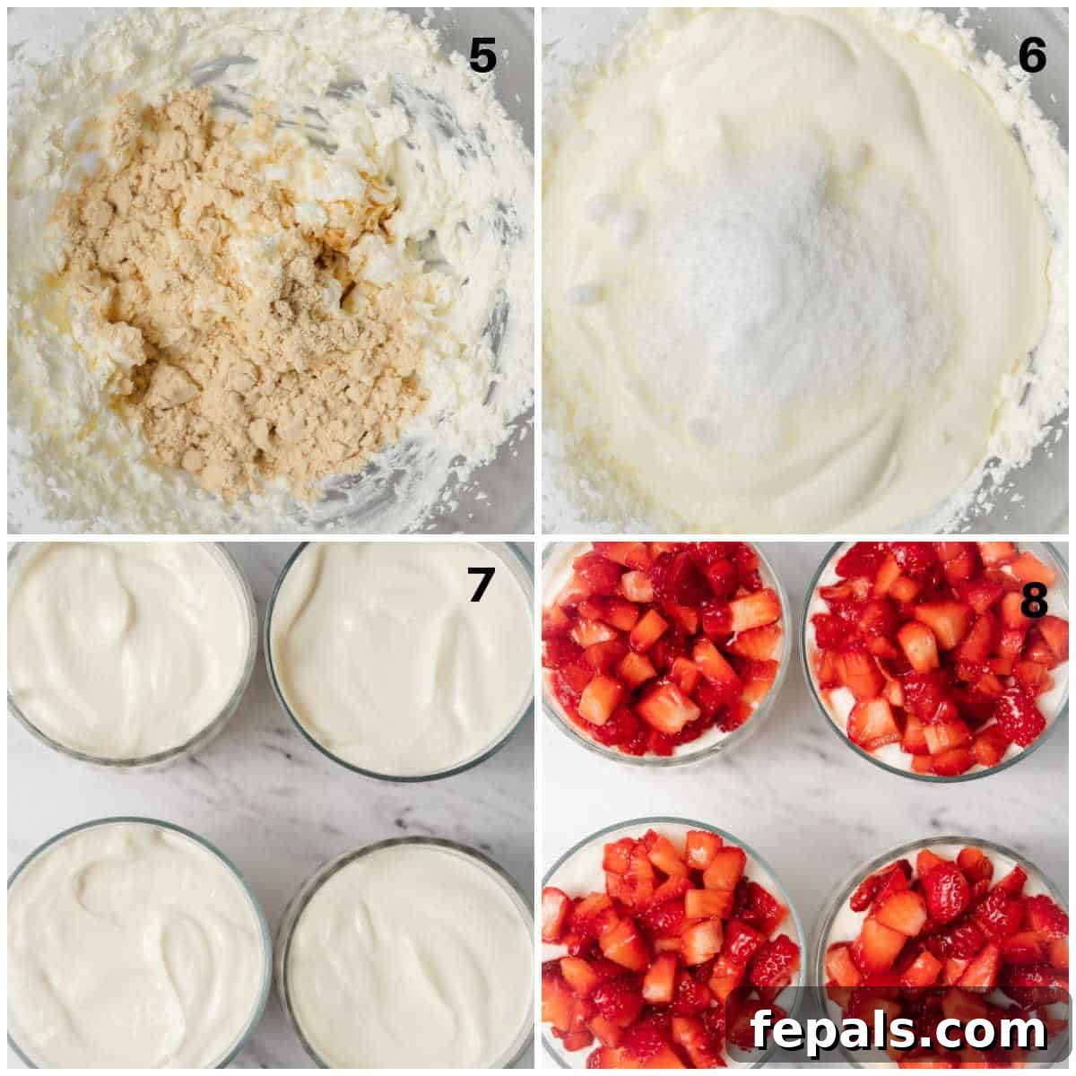 A process shot illustrating the making of the creamy cheese filling for the protein cheesecake cups, showing ingredients being mixed.