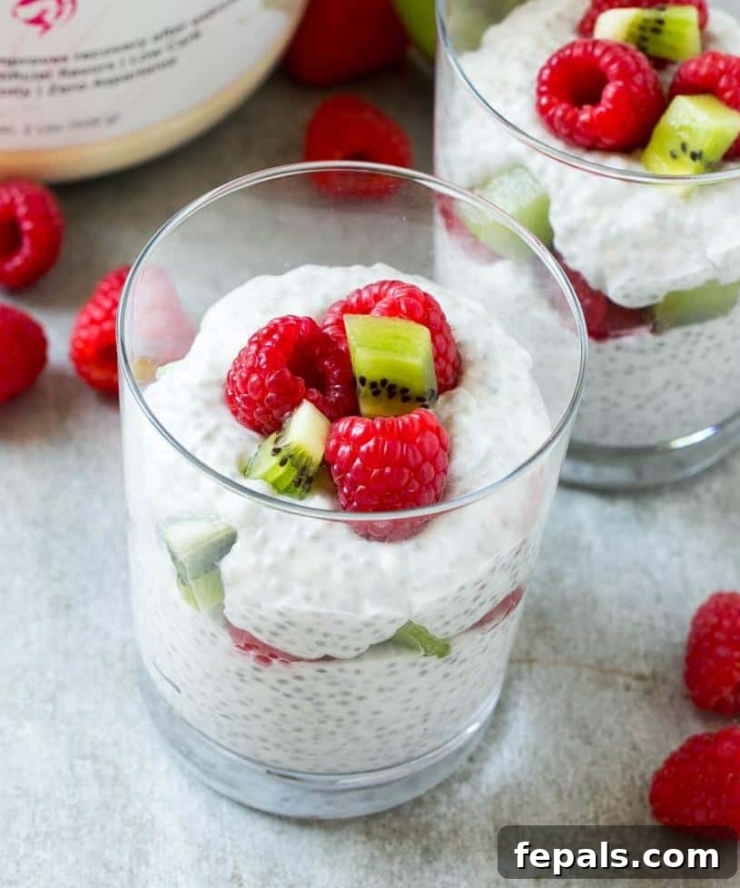 Garnished Coconut Chia Seed Pudding Beautifully garnished coconut chia pudding with raspberries and kiwi in a glass