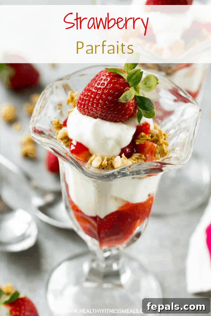 Strawberry Parfait Perfection 6 Pinterest graphic of a strawberry parfait in a cup