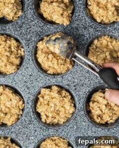 Protein oatmeal batter added to a muffin pan.