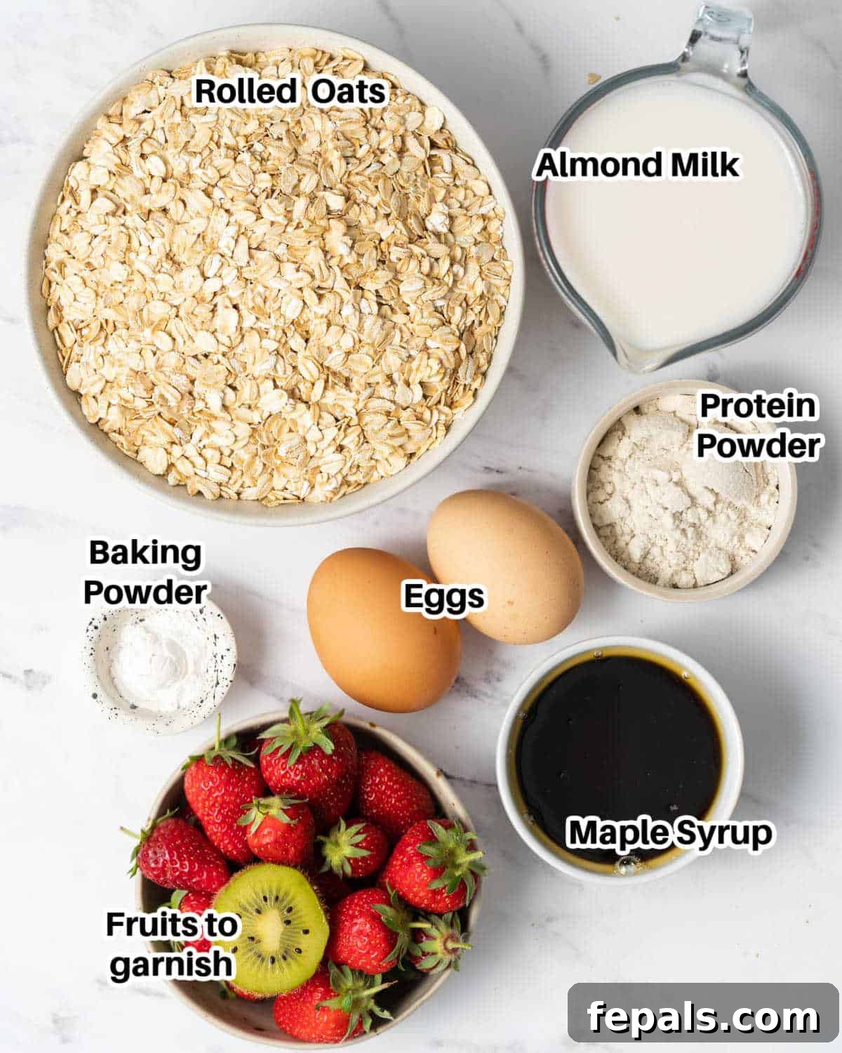 A collection of ingredients needed to prepare protein muffins, neatly laid out on a surface.