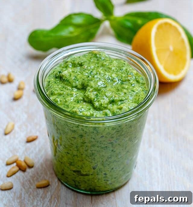 Garden Fresh Pesto Bliss 3 green pesto sauce in a jar with pine nuts and half lemon next to the jar