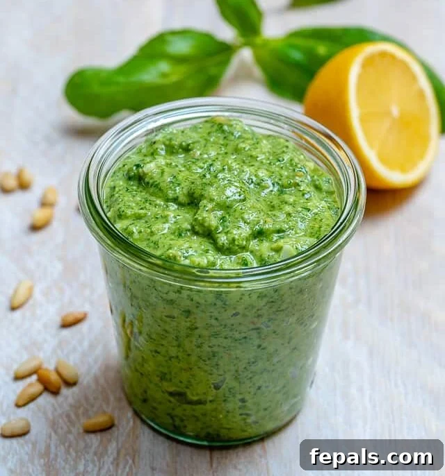 Garden Fresh Pesto Bliss 10 green pesto sauce in a jar with pine nuts and half lemon next to the jar