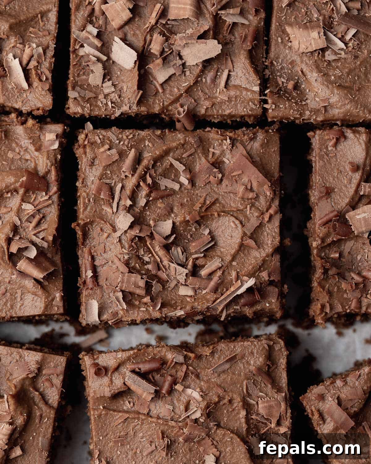 Velvety Chocolate Zucchini Indulgence 2 zucchini cake squares topped with frosting and shaved chocolate.