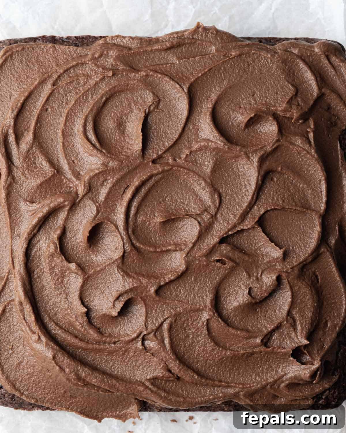 Velvety Chocolate Zucchini Indulgence 11 chocolate cake square before cutting it topped with a healthy chocolate frosting.