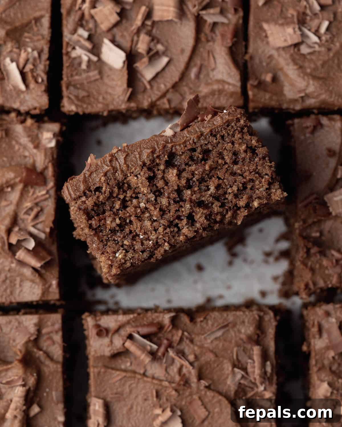 Velvety Chocolate Zucchini Indulgence 9 chocolate cake square with one sqaure cake turned to the side.