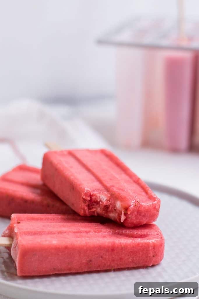 Strawberry Bliss Vegan Pops 2 3 Strawberry Popsicles laid out on a flat surface, glistening with frost