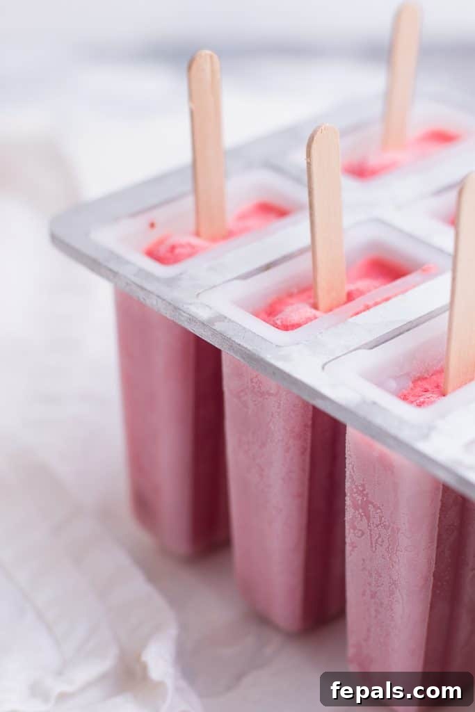 Strawberry Bliss Vegan Pops 3 Strawberry Popsicles in a strawberry-shaped mold
