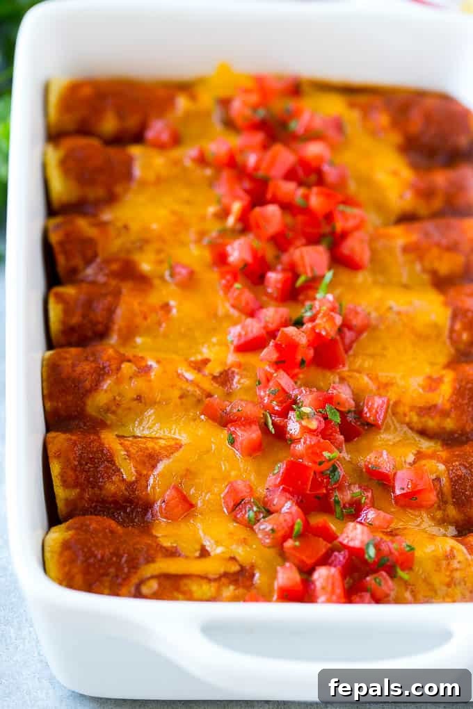 Zesty Black Bean Enchiladas 4 Overhead shot of freshly baked Black Bean Enchiladas in a white baking dish, garnished