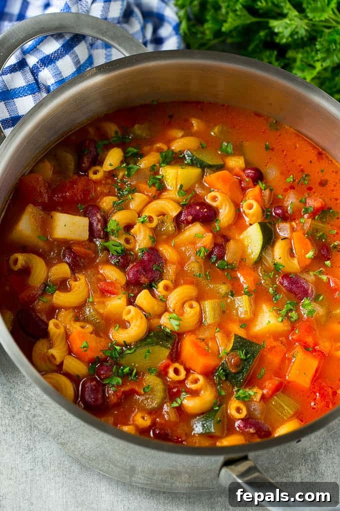 Vegetable Minestrone Soup in a silver pot
