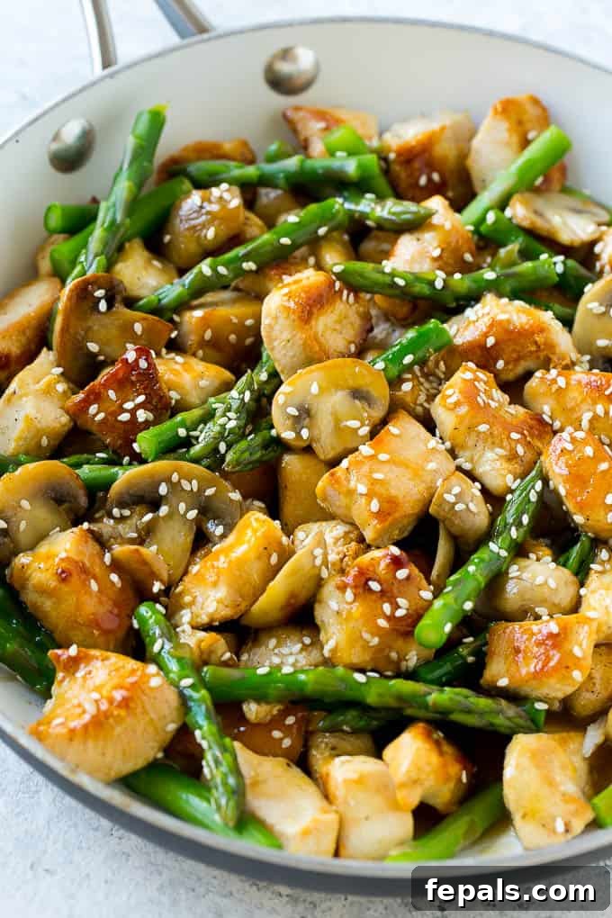 One Pan Chicken Asparagus Dinner 3 Easy Chicken Stir Fry with Asparagus and Mushrooms, ready in 30 minutes.