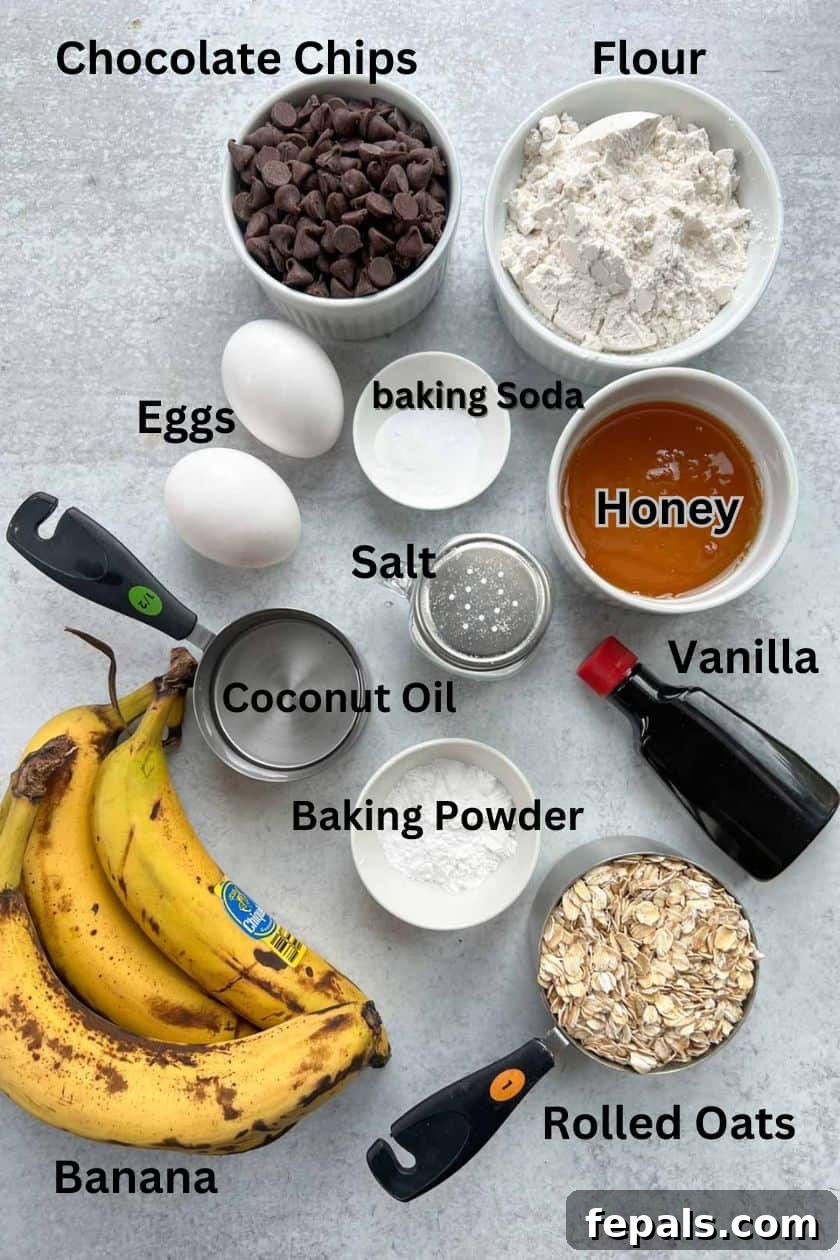 Labeled ingredients for making banana bread, including bananas, flour, oats, honey, eggs, and chocolate chips.