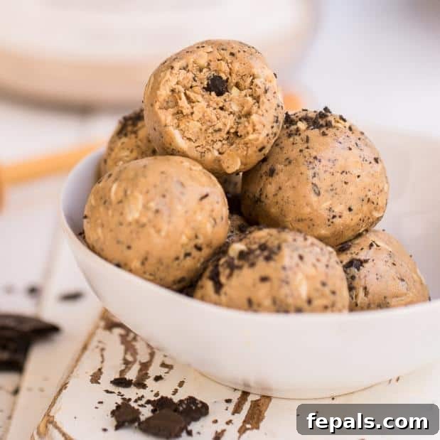 Creamy Cookie Crunch Energy Treats 3 Energy Bites in a bowl ready to be enjoyed