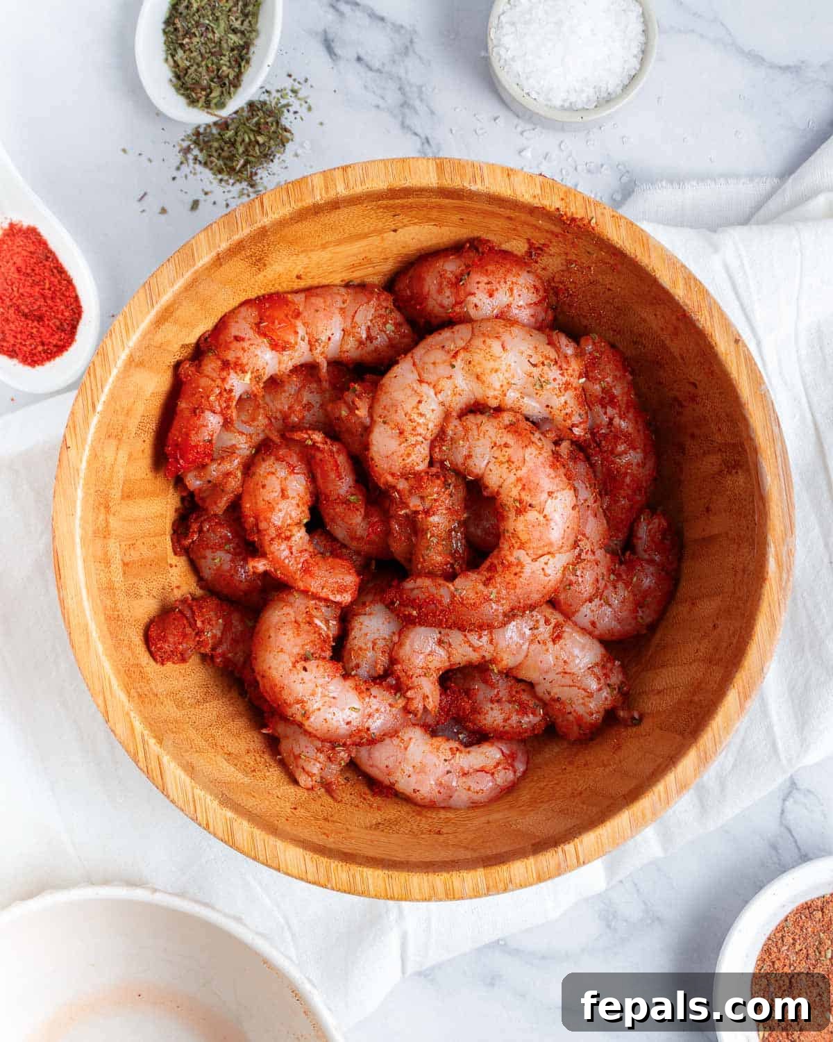 Raw, peeled shrimp tossed with half of the homemade fajita seasoning blend in a shallow dish, ready for cooking.