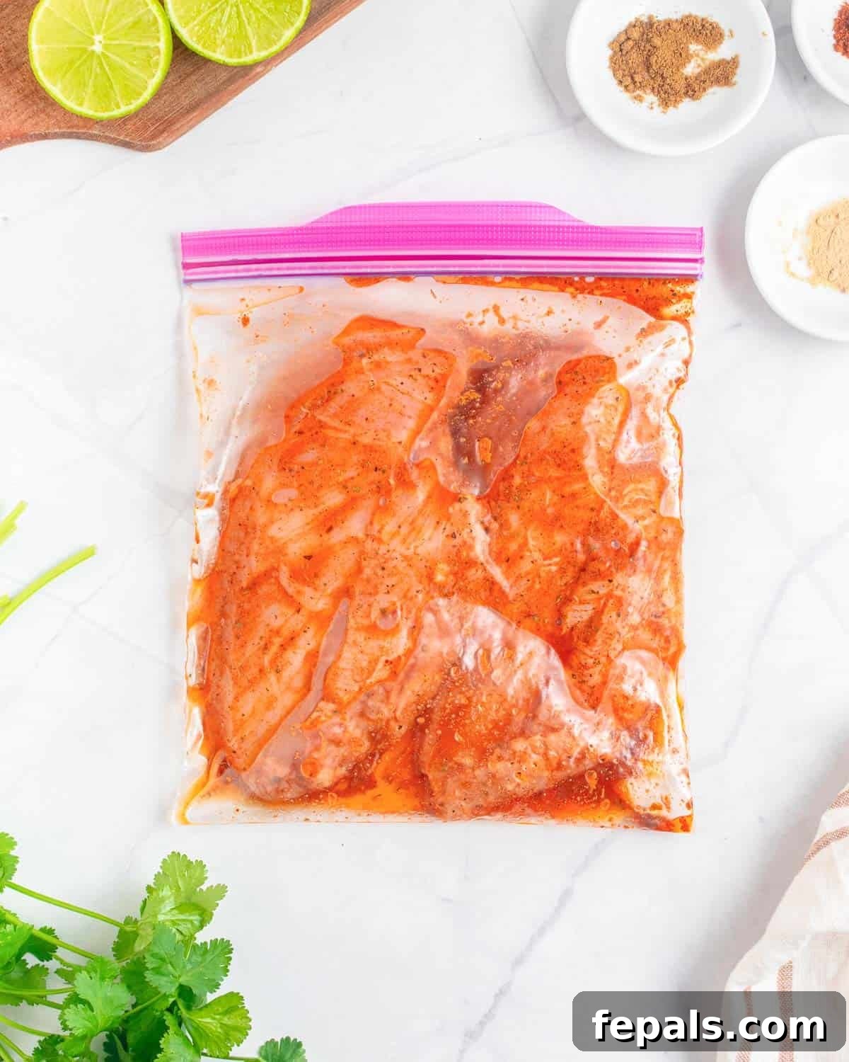 Fiesta Chicken Bowl 3 Chicken breast marinating in a ziplock bag.