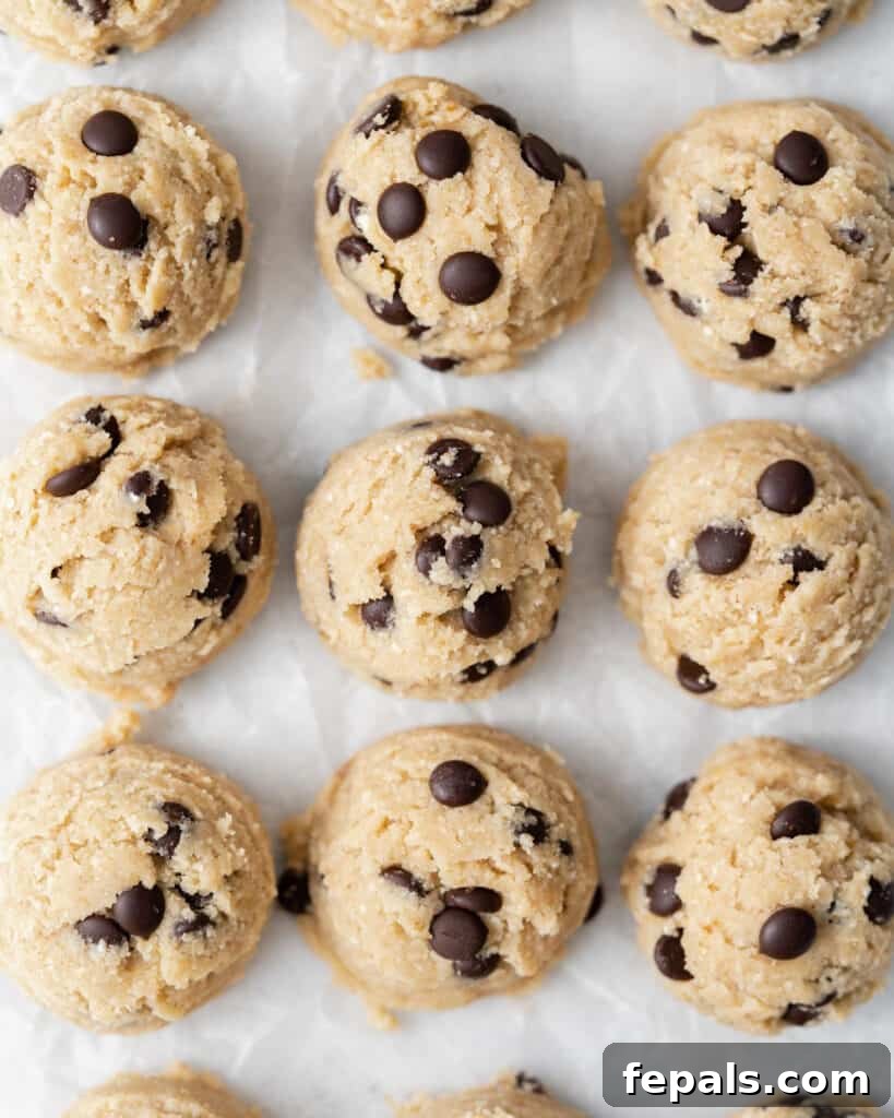 Wholesome Ready-to-Eat Cookie Dough 2 top view of scoops of edible cookie dough on a sheet pan