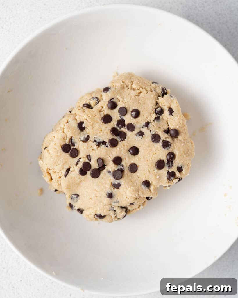 Wholesome Ready-to-Eat Cookie Dough 12 dough mixed in with chocolate chips in a bowl