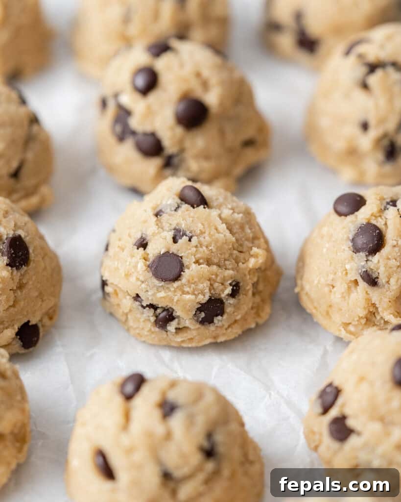 Wholesome Ready-to-Eat Cookie Dough 14 side shot of scoops of cookie dough on a sheet pan
