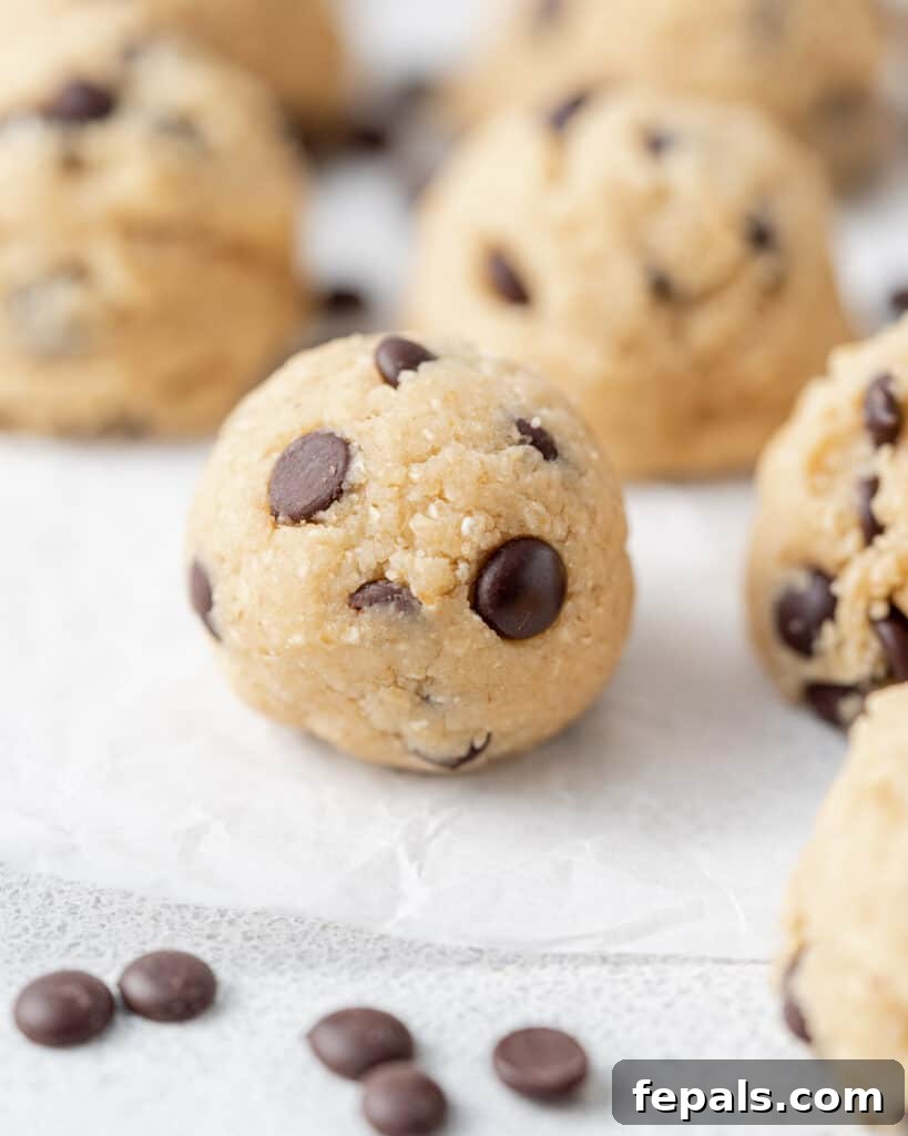 Wholesome Ready-to-Eat Cookie Dough 15 side shot of a ball of edible cookie dough on a sheet pan