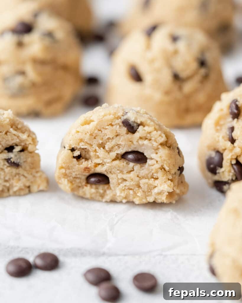 Wholesome Ready-to-Eat Cookie Dough 3 side bite shot of an edible cookie dough scoop on a pan