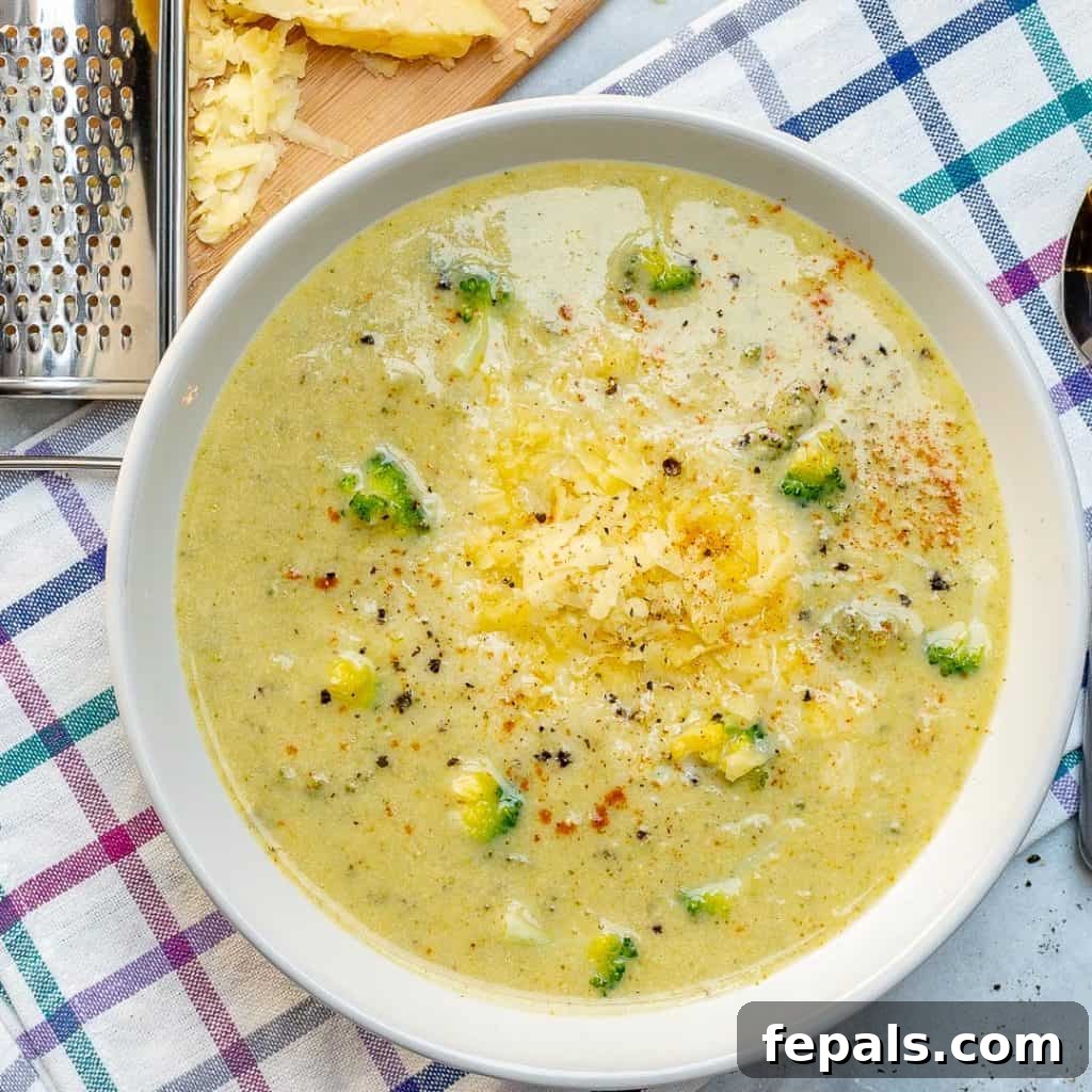 Wholesome Broccoli Cheddar Bliss 7 top view of a white round bowl of Broccoli Cheddar Soup