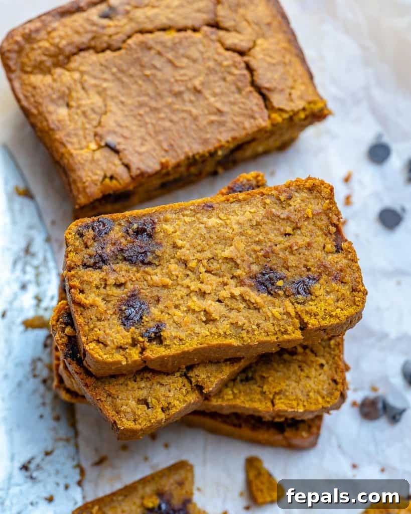 Heavenly Pumpkin Chocolate Chip Loaf 3 Top view of perfectly sliced Chocolate Chip Pumpkin Bread