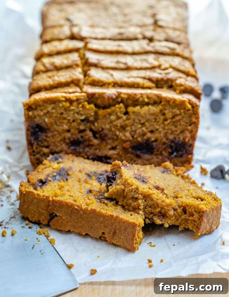 Heavenly Pumpkin Chocolate Chip Loaf 5 Side shot of perfectly sliced Chocolate Chip Pumpkin Bread