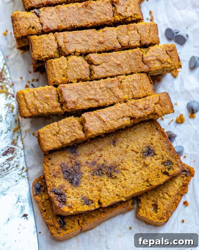 Heavenly Pumpkin Chocolate Chip Loaf 7 Top view of beautifully sliced Chocolate Chip Pumpkin Bread